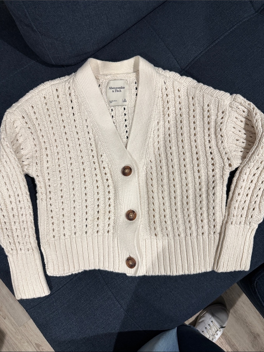 Abercrombie & Fitch Ivory Open-Stitch Button Cardigan